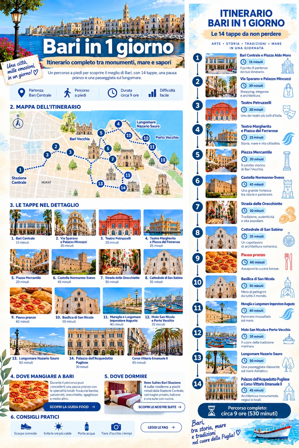Infografica dell'itinerario di Bari in un giorno con 14 tappe dalla Stazione Centrale al centro cittadino, passando per Bari Vecchia e il lungomare.
