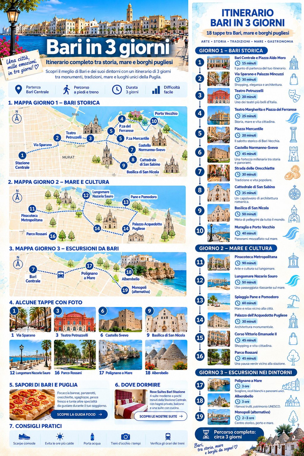Infografica dell'itinerario di Bari in 3 giorni con tre mappe: Bari storica, mare e cultura, escursioni a Polignano a Mare e Alberobello.