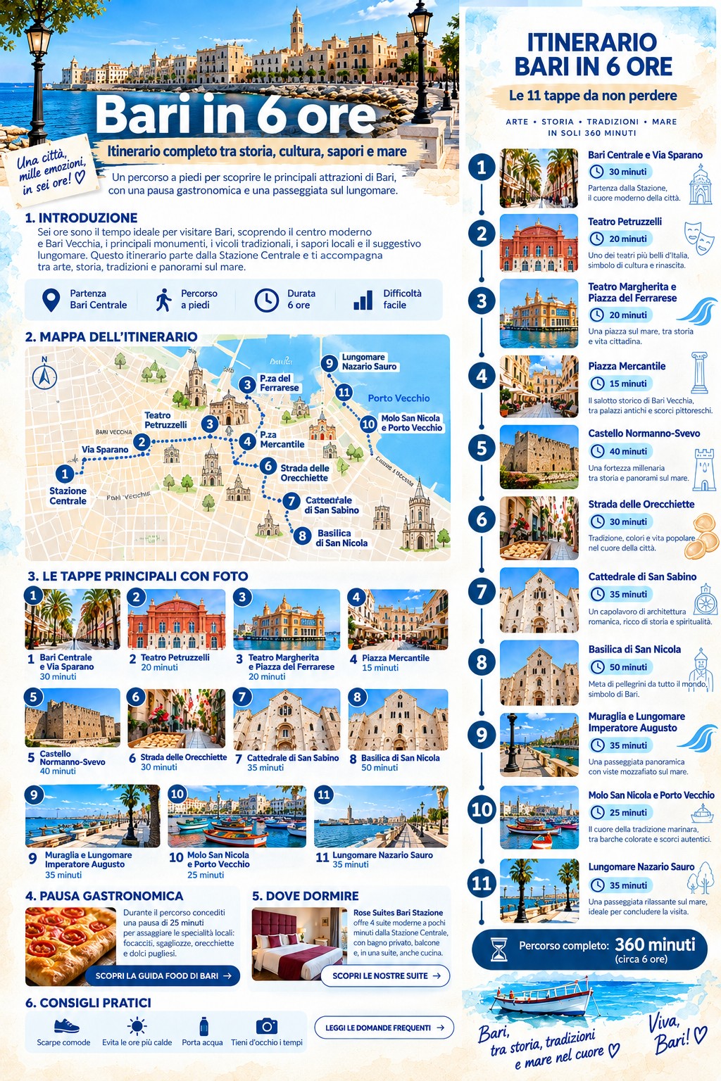 Infografica dell'itinerario di Bari in 6 ore con undici tappe dalla Stazione Centrale al Lungomare Nazario Sauro.